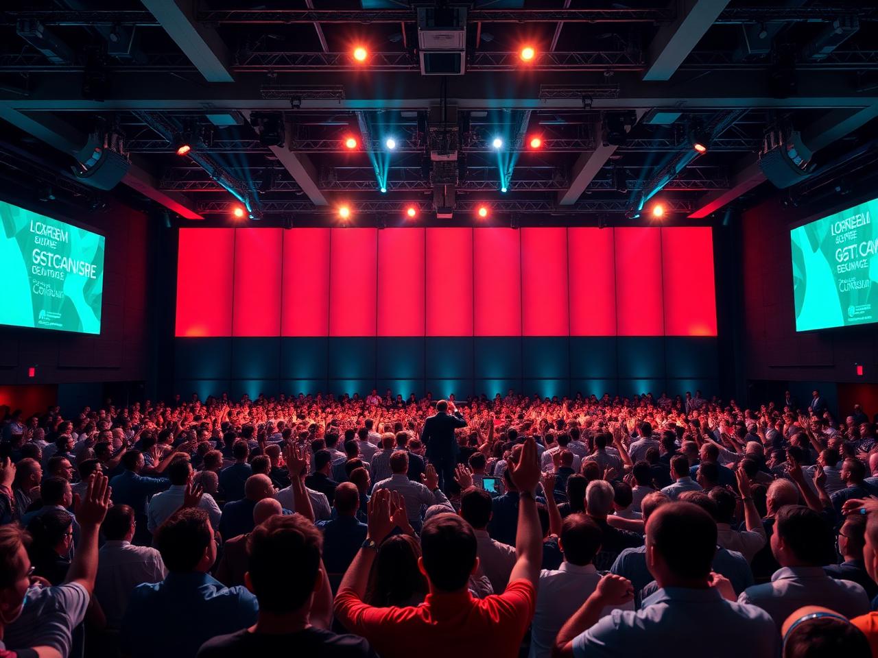 Large professional conference audience in front of a lit stage
