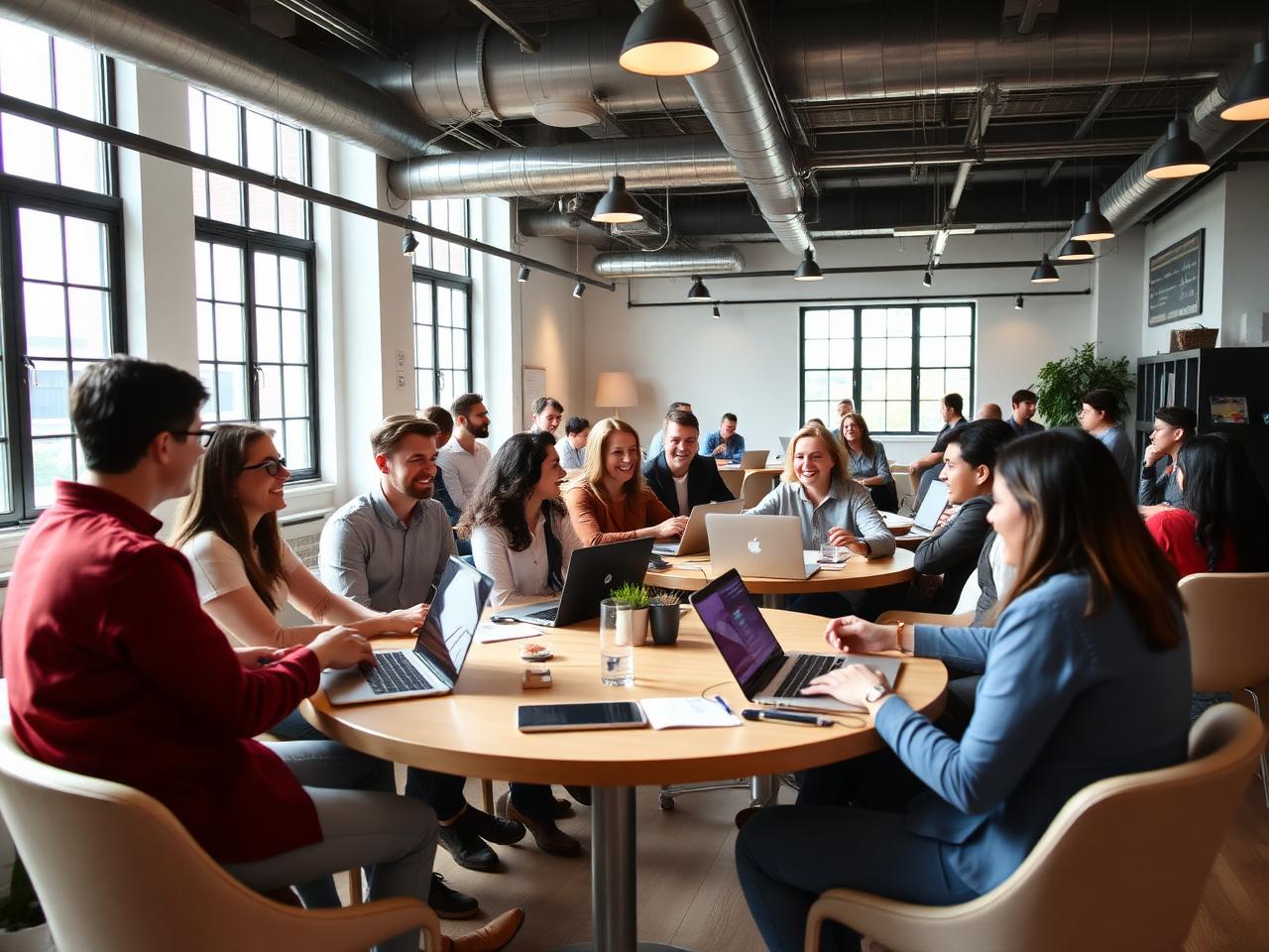 Community members collaborating around tables in a coworking space